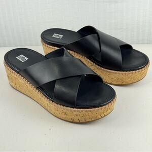 Fitflop Eloise Black Leather Wedge Cross Slide Cork Wrap Platform Sandal Size 10